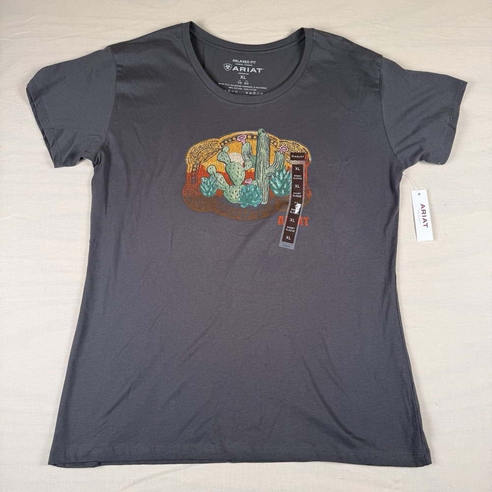 Ariat Women’s XL Buckle Up Graphic T-Shirt Graphite Cactus Relaxed Fit NWT